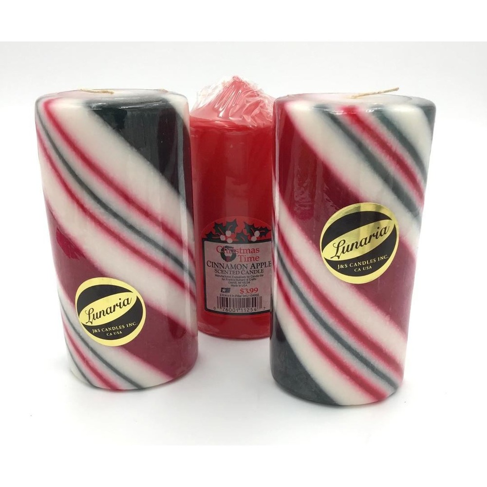 VTG Lunaria J&S Christmas Candles (2) Candy Cane Striped Pillar & Cinnamon Apple